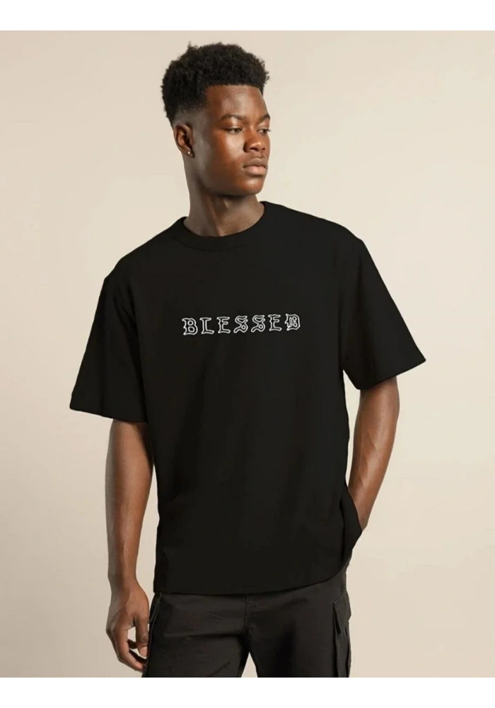 ERKEK Bisiklet Yaka Oversize Baskılı T-Shirt - Siyah