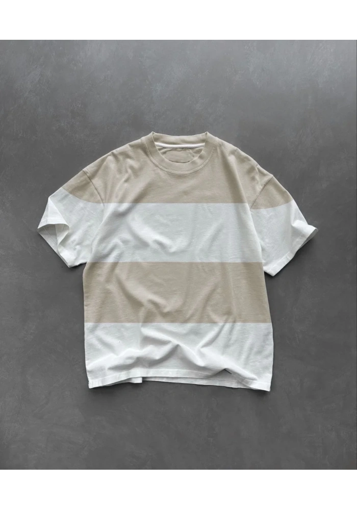 Unisex Bisiklet Yaka Parçalı T-Shirt - Bej