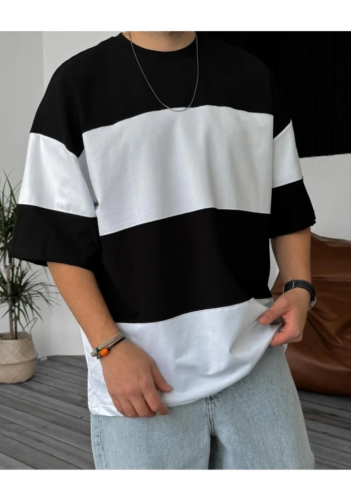 Unisex Bisiklet Yaka Parçalı T-Shirt - Siyah
