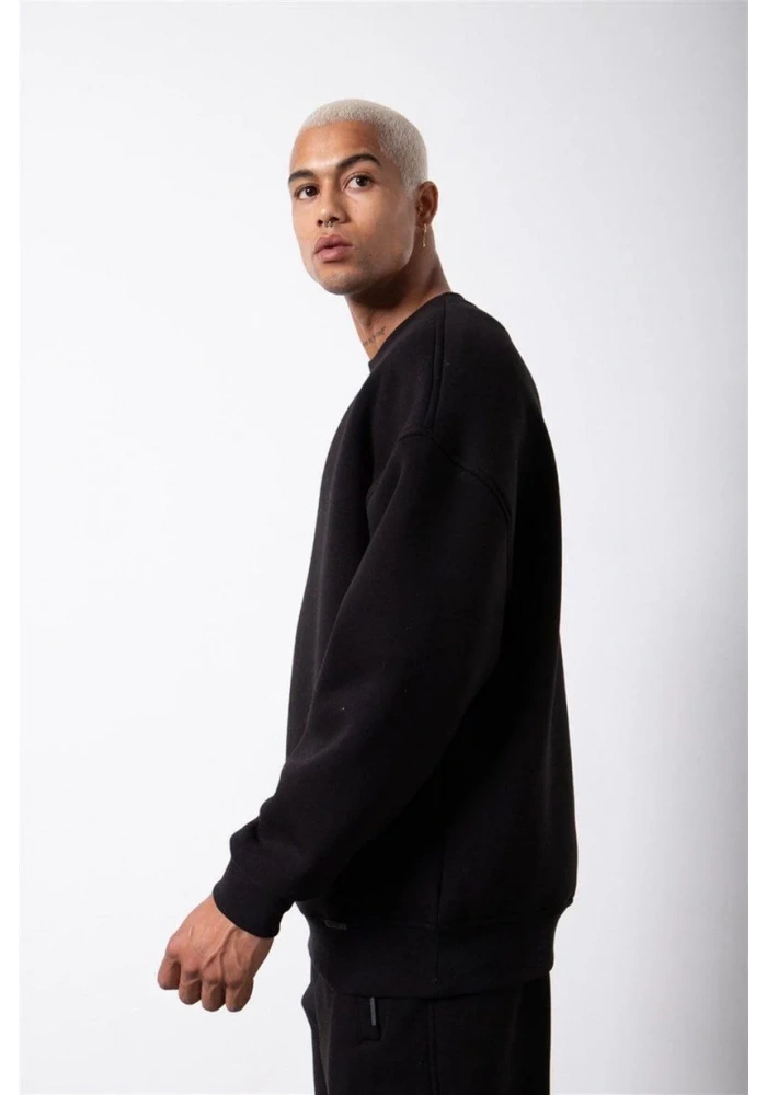 ERKEK Biskilet Yaka Üç İplik SweatShirt - Siyah