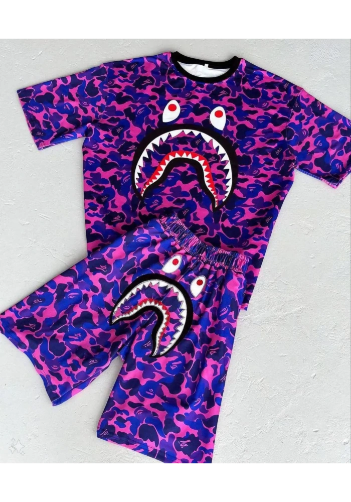 Unisex Çocuk Dijital Baskılı Şortlu Takım - Mor
