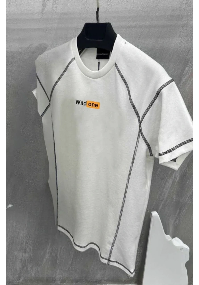 Erkek Tişört Karoyaka Dikişli Oversize T-Shirt - Beyaz