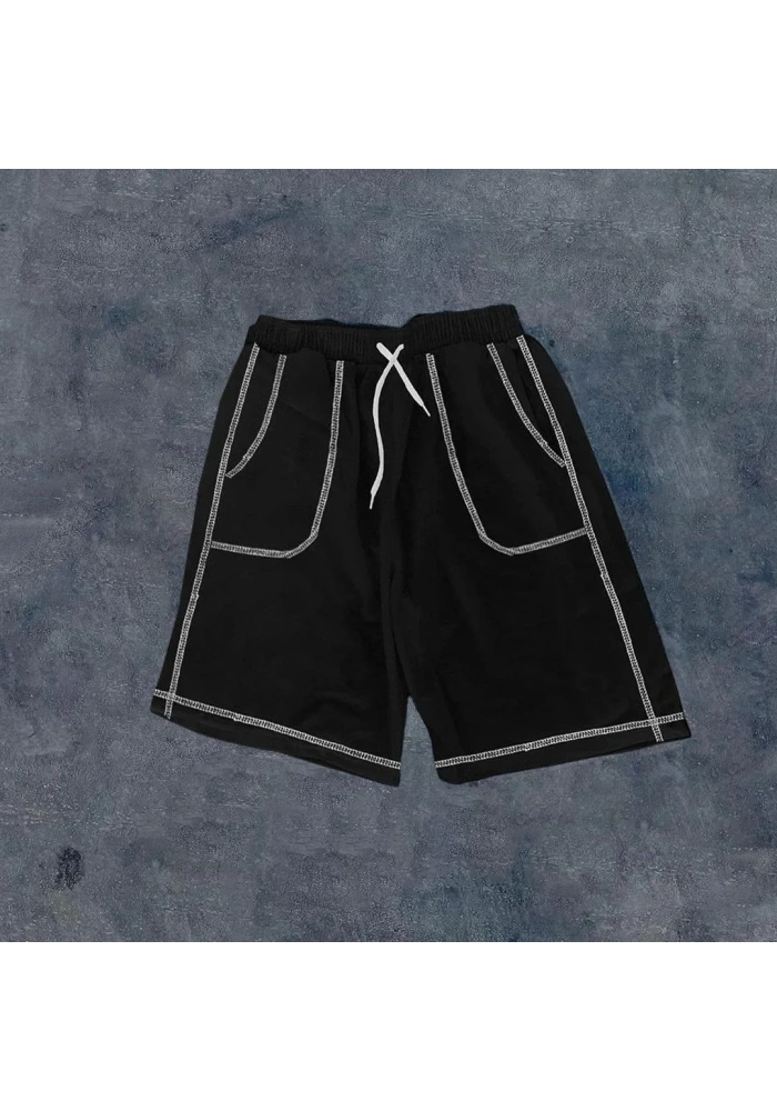 Erkek  Dikişli Cepli Oversize Şort - Siyah