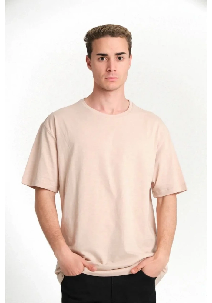 ERKEK Düz Biskilet Yaka Oversize T-shirt - Bej
