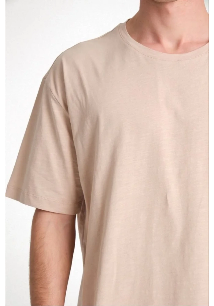 ERKEK Düz Biskilet Yaka Oversize T-shirt - Bej