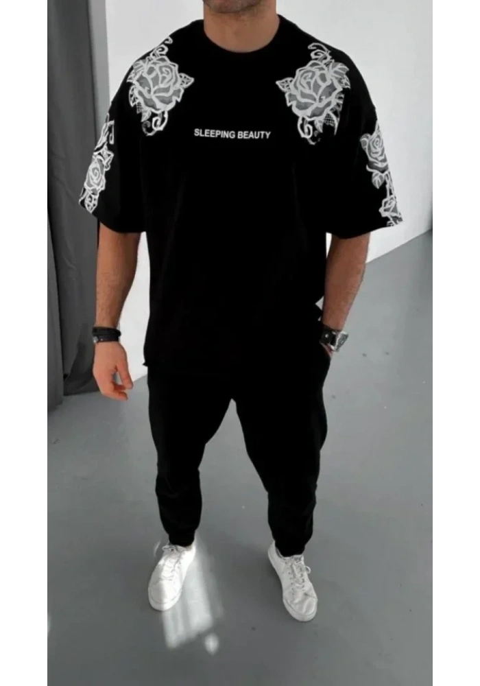 Unisex Flok Kabartma Baskılı T-Shirt - Siyah