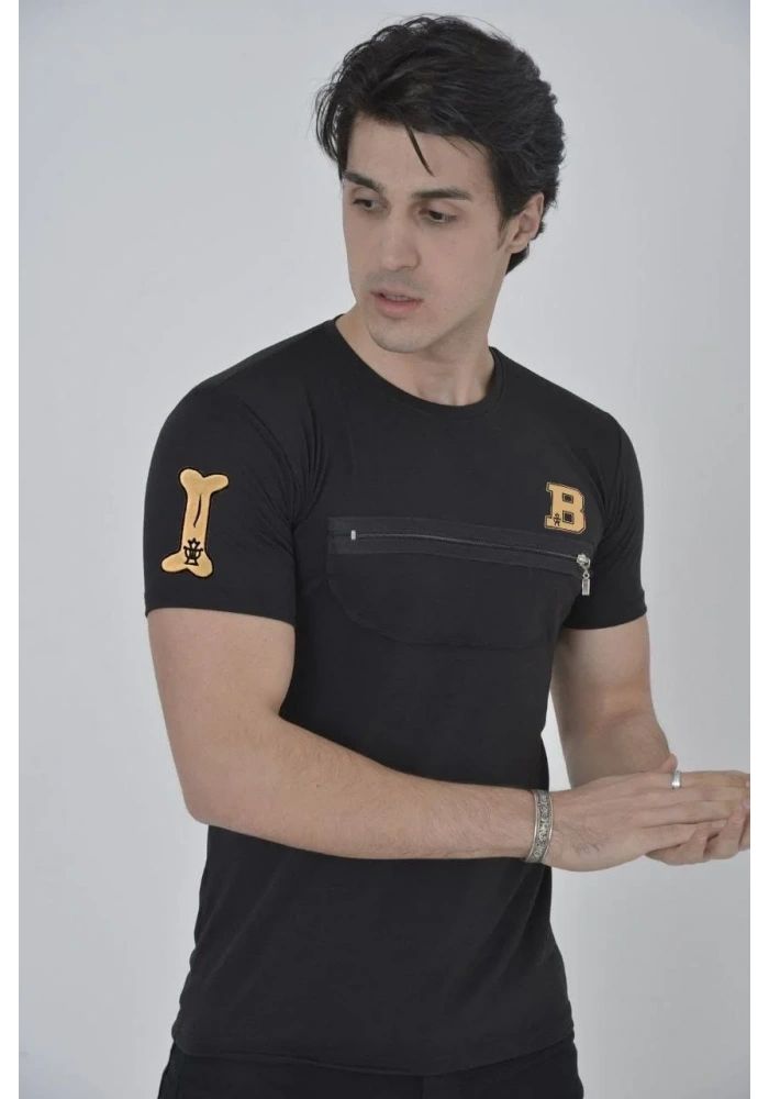 ERKEK Göğüs Fermuarlı Baskılı T-Shirt - Siyah