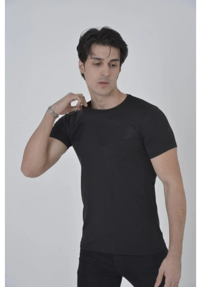 Erkek Göğüs File Aksesuarlı T-shirt - Siyah
