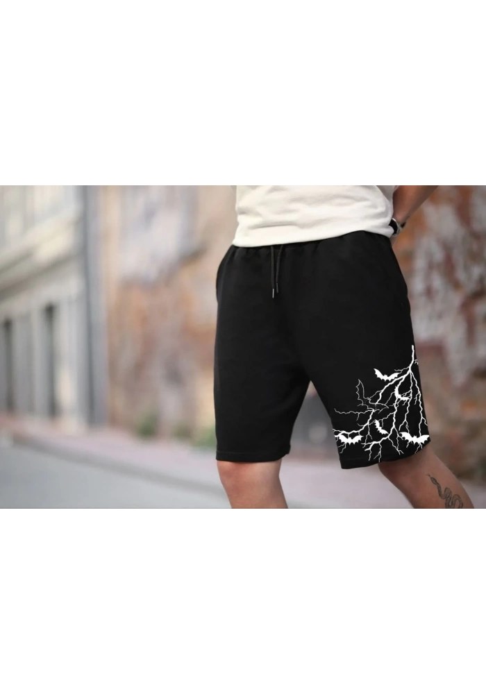 Unisex İki İplik Baskılı Oversize Şort - Siyah