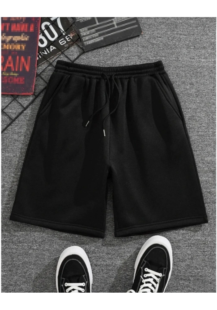 Unisex İki İplik Düz Oversize Şort - Siyah