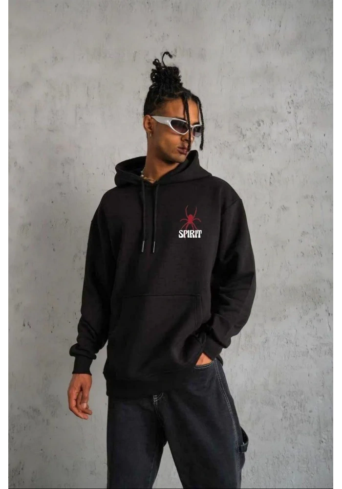 ERKEK Kapşonlu Baskılı Sweetshirt - Siyah