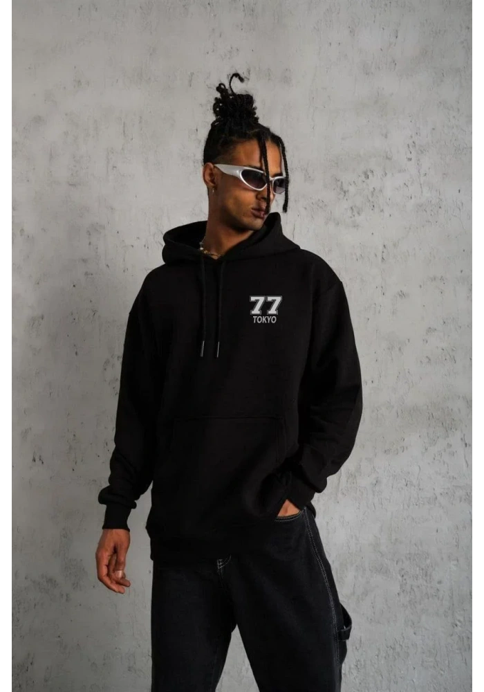 ERKEK Kapşonlu Baskılı Sweetshirt - Siyah