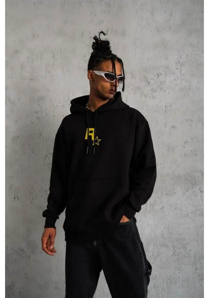 ERKEK Kapşonlu Baskılı Sweetshirt - Siyah