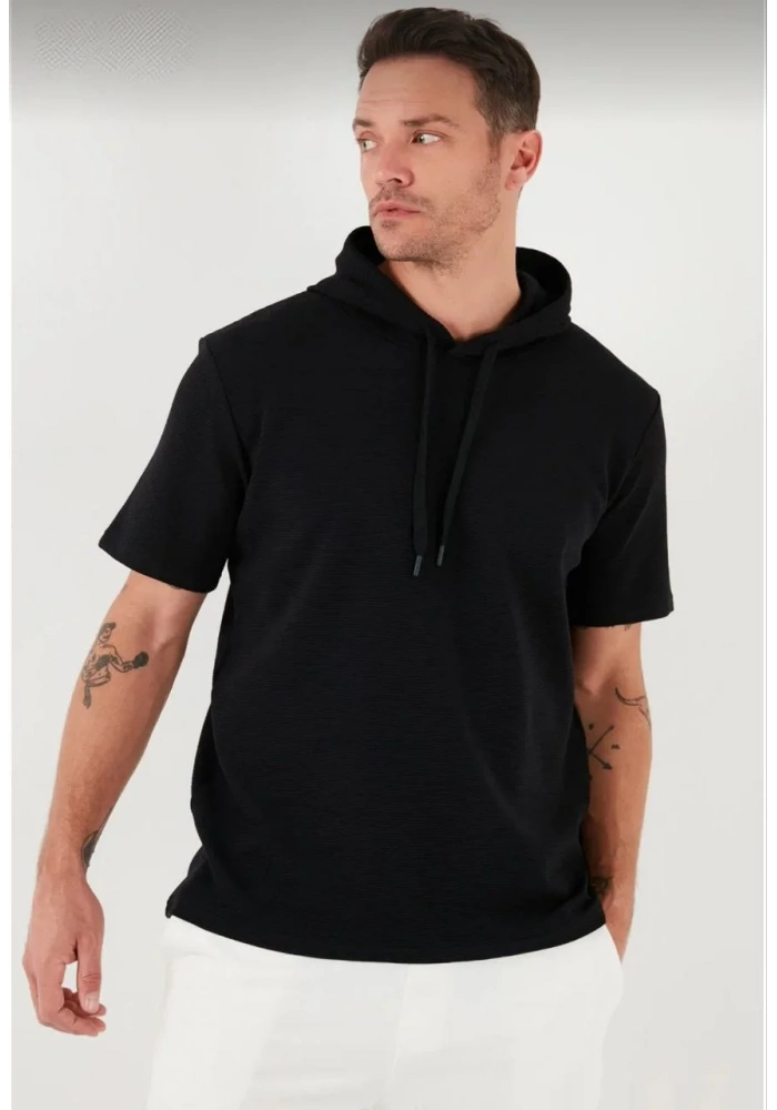 Erkek  Kapşonlu Kısa Kol Düz Oversize T-shirt - Siyah