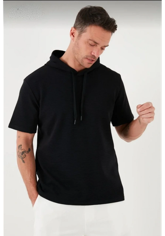 Erkek  Kapşonlu Kısa Kol Düz Oversize T-shirt - Siyah