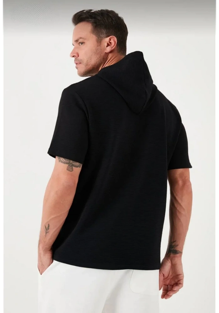 Erkek  Kapşonlu Kısa Kol Düz Oversize T-shirt - Siyah