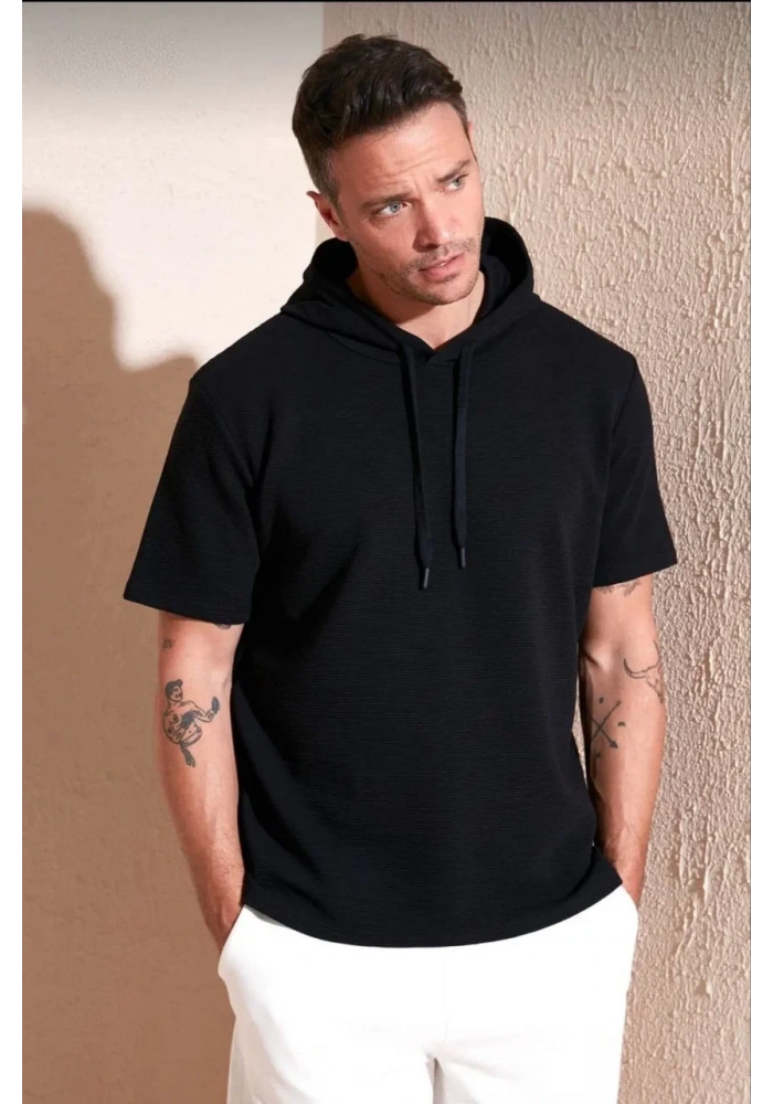 Erkek  Kapşonlu Kısa Kol Düz Oversize T-shirt - Siyah