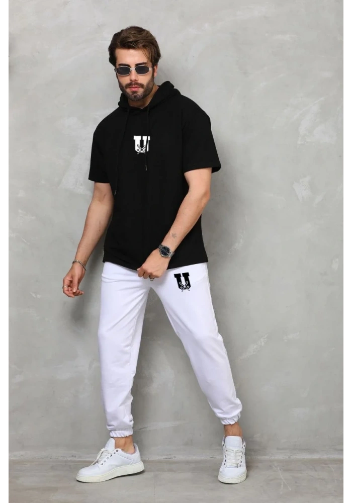 Unisex Kapşonlu Oversize T-Shirt Takım - Siyah