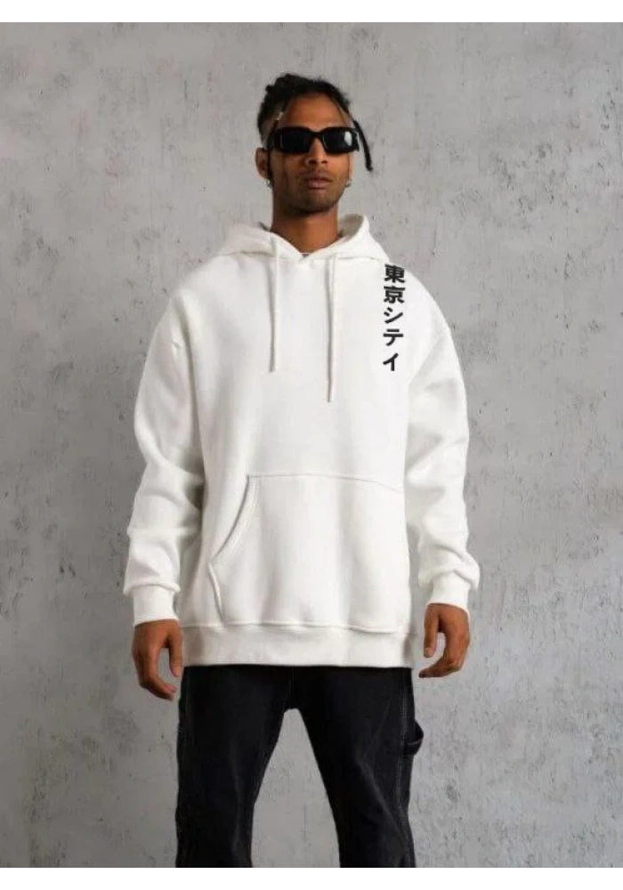 ERKEK Kapşonlu Uzun Kol Baskılı Sweetshirt - Beyaz