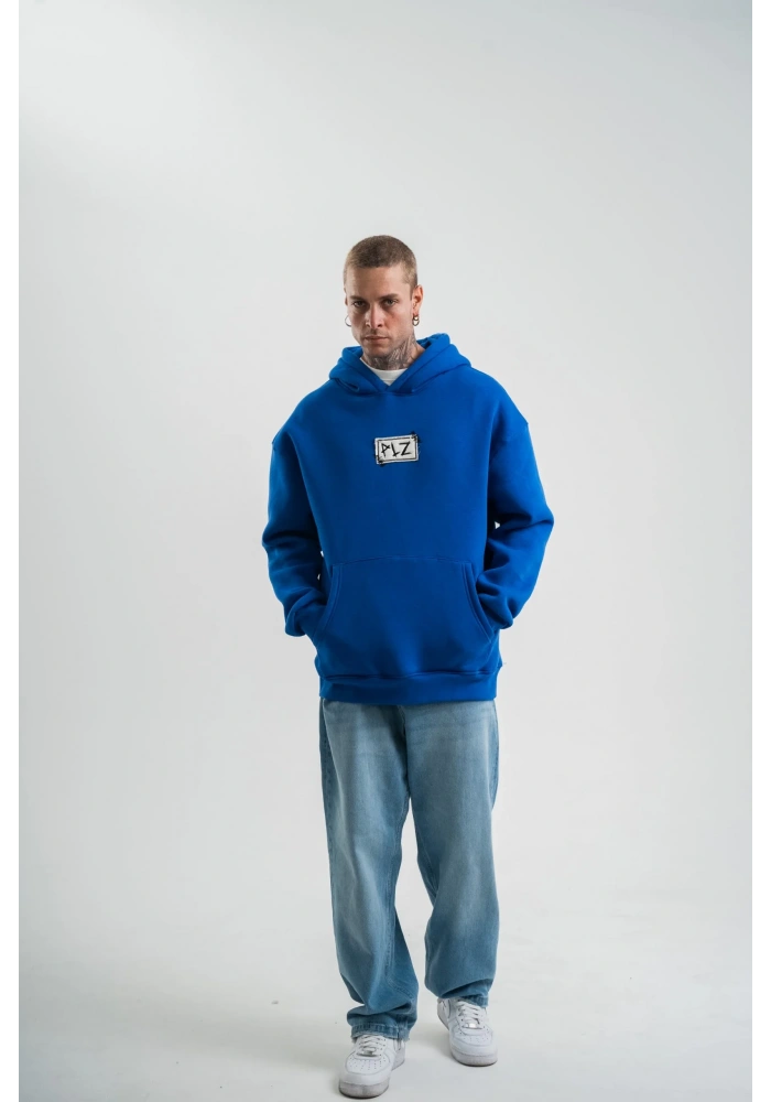 ERKEK Kapşonlu Uzun Kol Patchli Nakışlı SweatShirt - Mavi