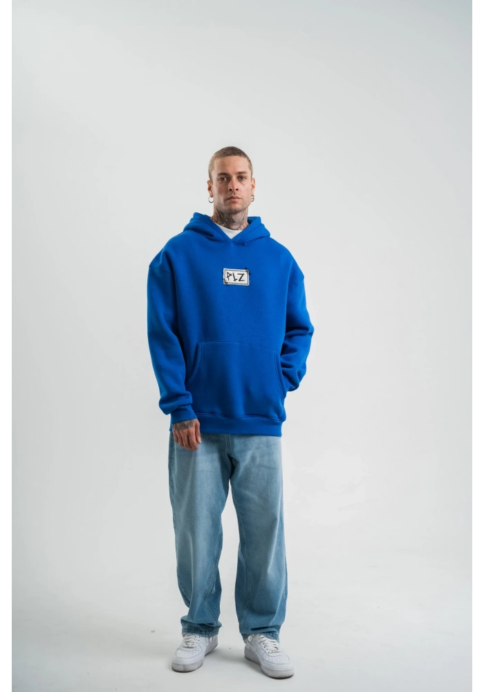 ERKEK Kapşonlu Uzun Kol Patchli Nakışlı SweatShirt - Mavi