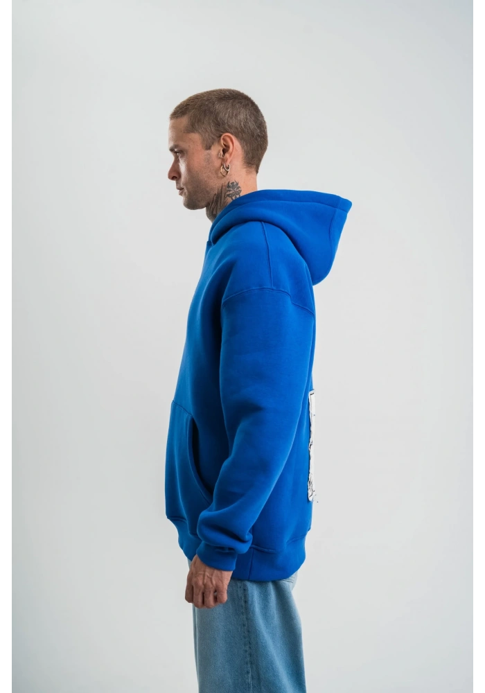ERKEK Kapşonlu Uzun Kol Patchli Nakışlı SweatShirt - Mavi