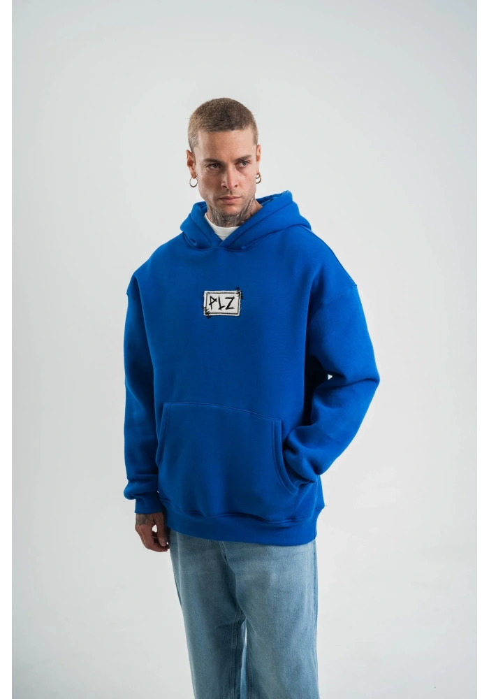 ERKEK Kapşonlu Uzun Kol Patchli Nakışlı SweatShirt - Mavi