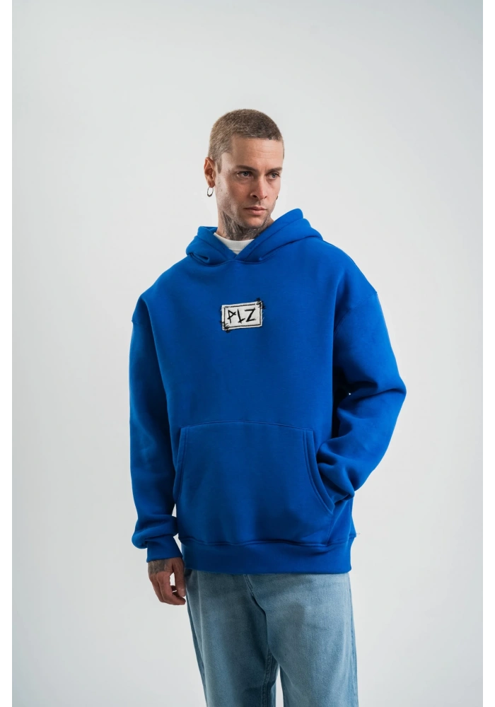 ERKEK Kapşonlu Uzun Kol Patchli Nakışlı SweatShirt - Mavi