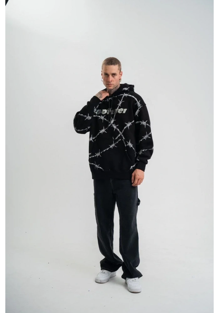 ERKEK Kapşonlu Varak ve Pano Baskılı SweatShirt- Siyah