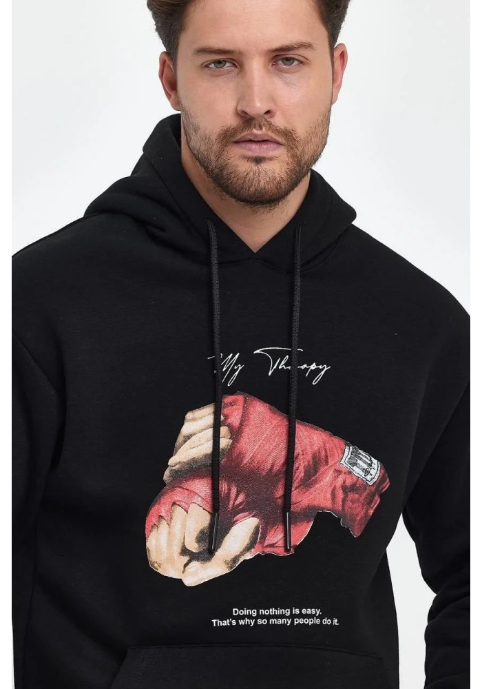 ERKEK Kapüşonlu Üç İplik Oversize Baskılı Sweatshirt - Siyah