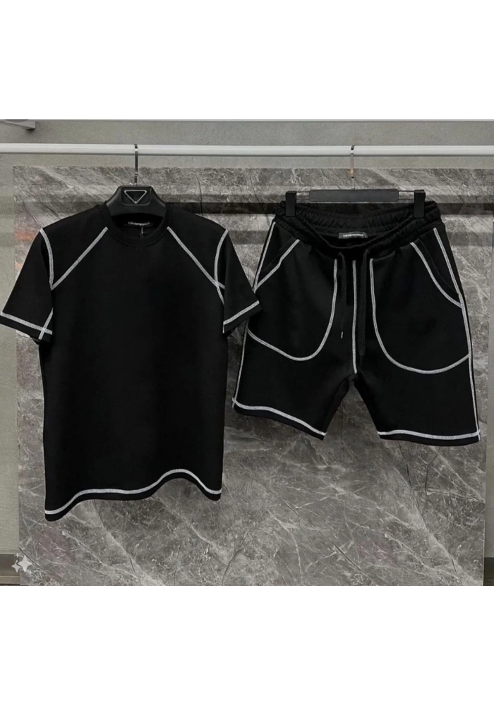 Erkek Karoyaka Dikişli Şortlu Alt-Üst Takım - Siyah