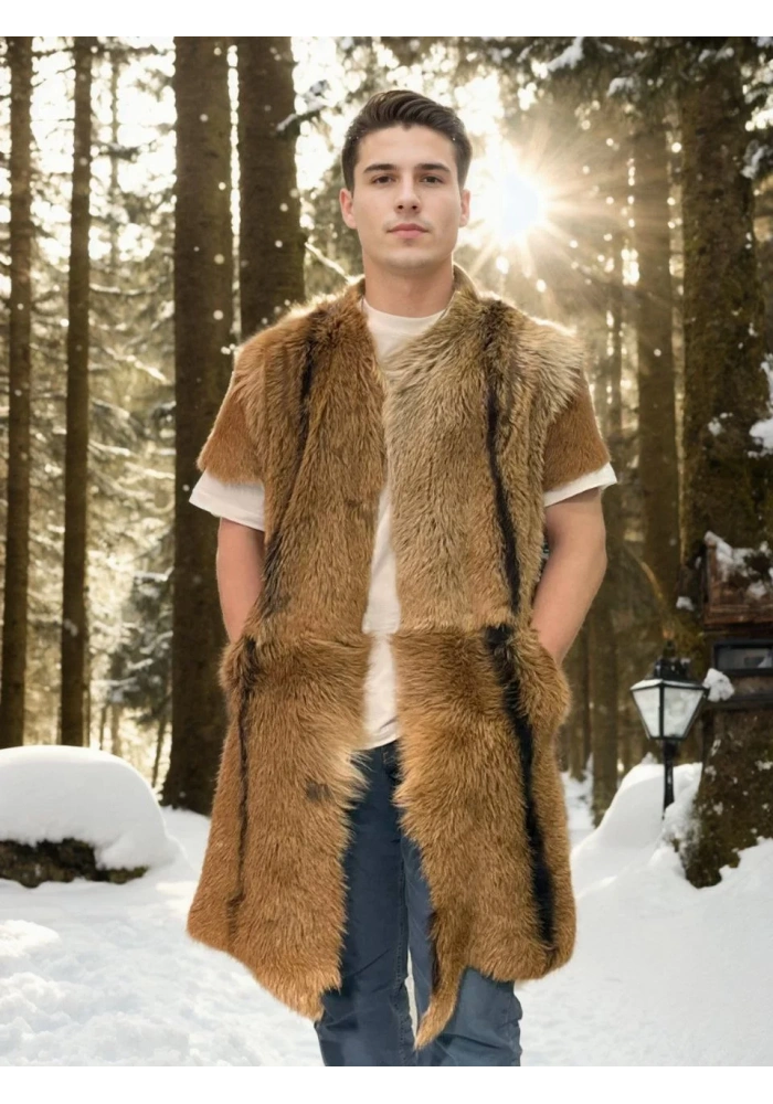 ERKEK orginal deri Kolsuz Uzun Yelek - Kahve