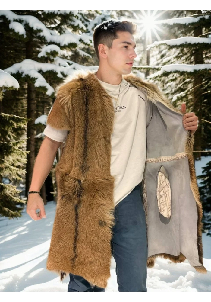 ERKEK orginal deri Kolsuz Uzun Yelek - Kahve