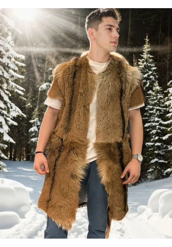 ERKEK orginal deri Kolsuz Uzun Yelek - Kahve