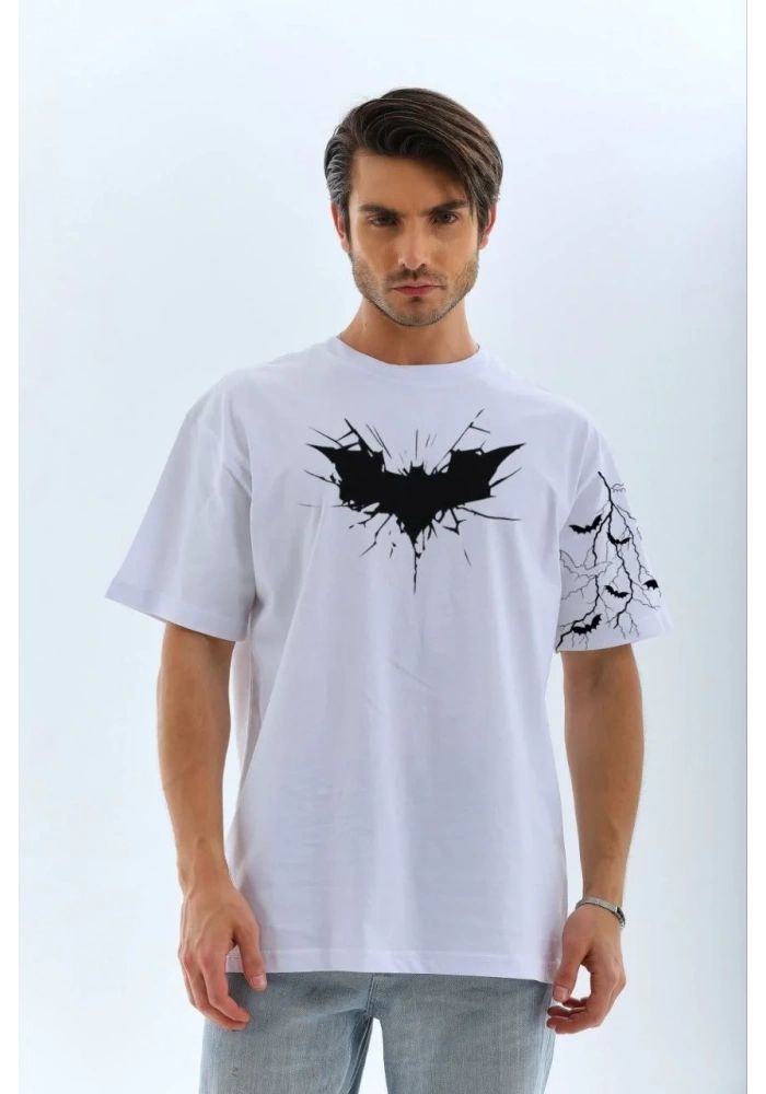 ERKE  Ön ve Kol Yarasa Baskılı Oversize T-shirt - Beyaz