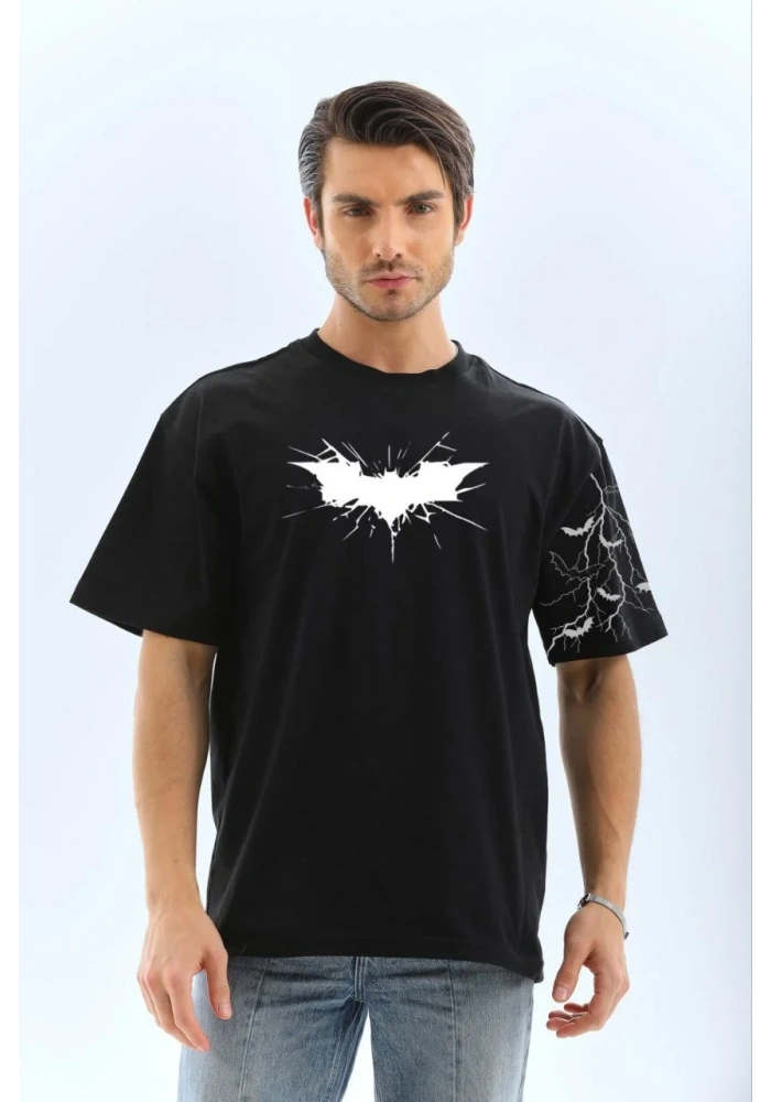 ERKEK Ön ve Kol Baskılı Oversize T-shirt - Siyah