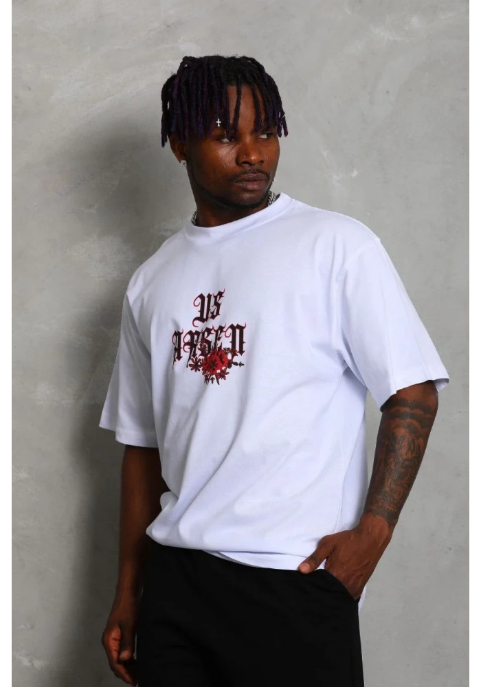 Erkek Oversize Baskılı Bisiklet Yaka T-Shirt - Beyaz