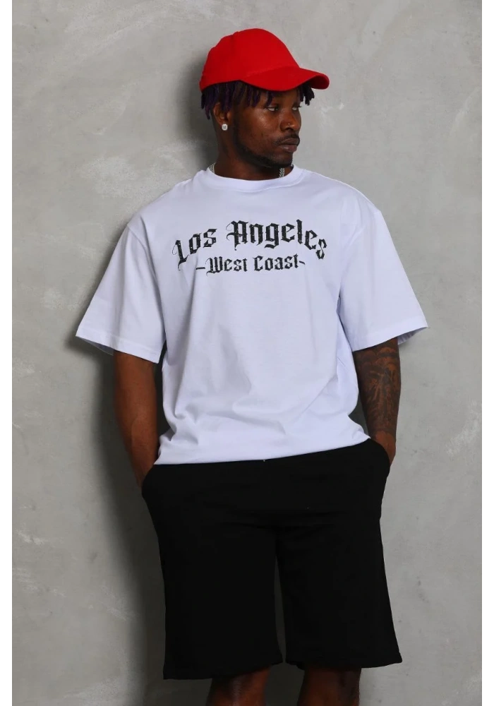 ERKEK Oversize Baskılı Bisiklet Yaka T-Shirt - Beyaz