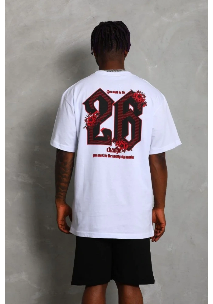 Erkek Oversize Baskılı Bisiklet Yaka T-Shirt - Beyaz