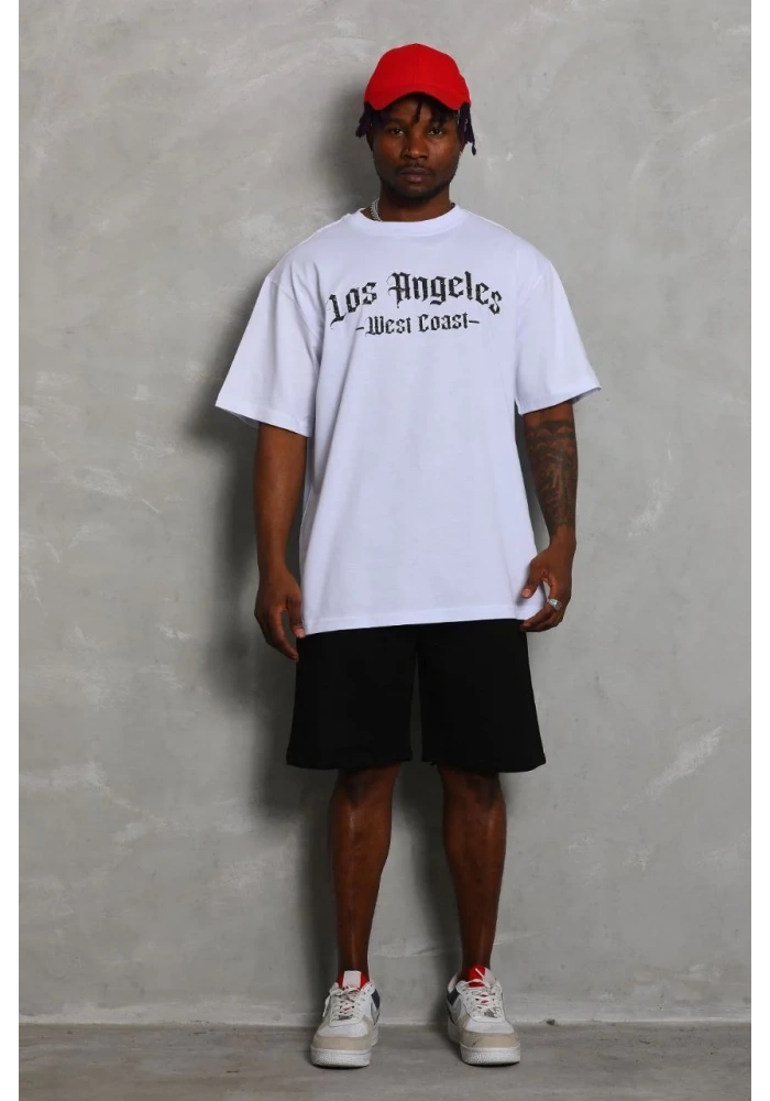 ERKEK Oversize Baskılı Bisiklet Yaka T-Shirt - Beyaz