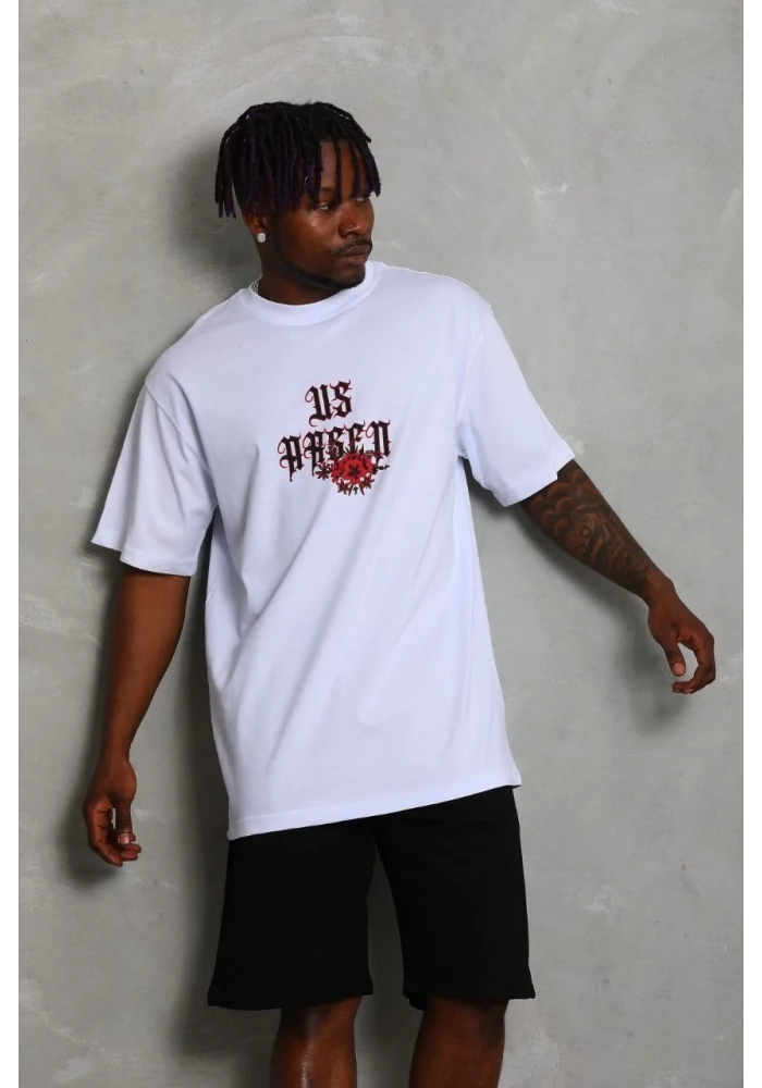 Erkek Oversize Baskılı Bisiklet Yaka T-Shirt - Beyaz