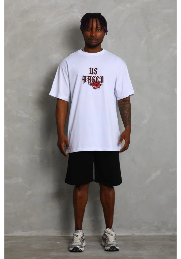 Erkek Oversize Baskılı Bisiklet Yaka T-Shirt - Beyaz