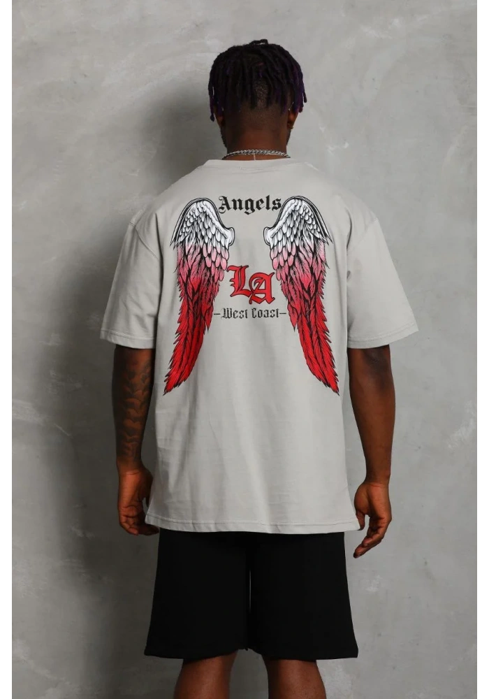 ERKEK Oversize Baskılı Bisiklet Yaka T-Shirt - Gri