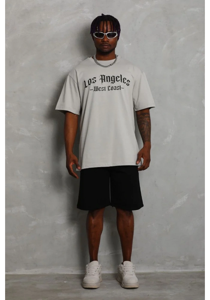 ERKEK Oversize Baskılı Bisiklet Yaka T-Shirt - Gri