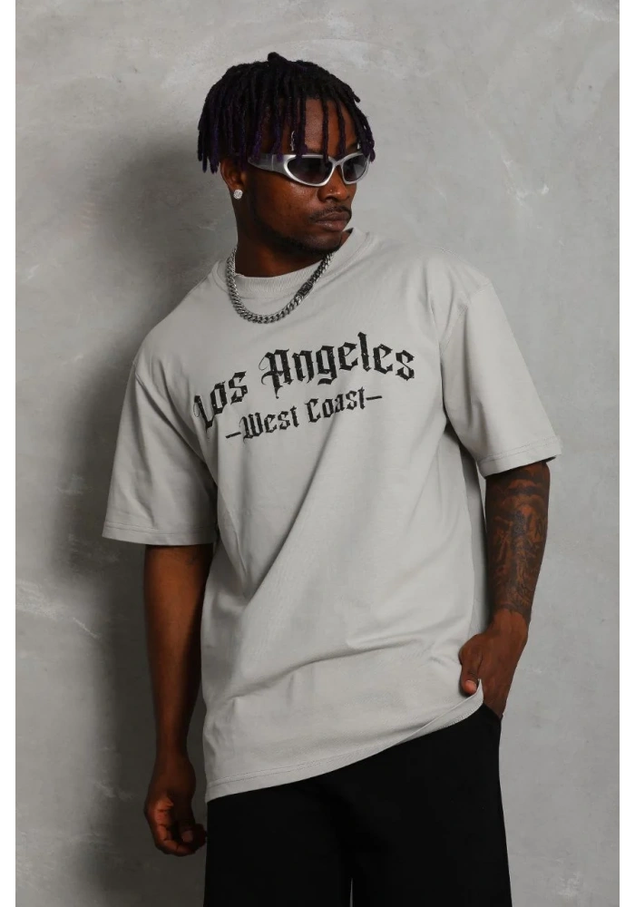 ERKEK Oversize Baskılı Bisiklet Yaka T-Shirt - Gri