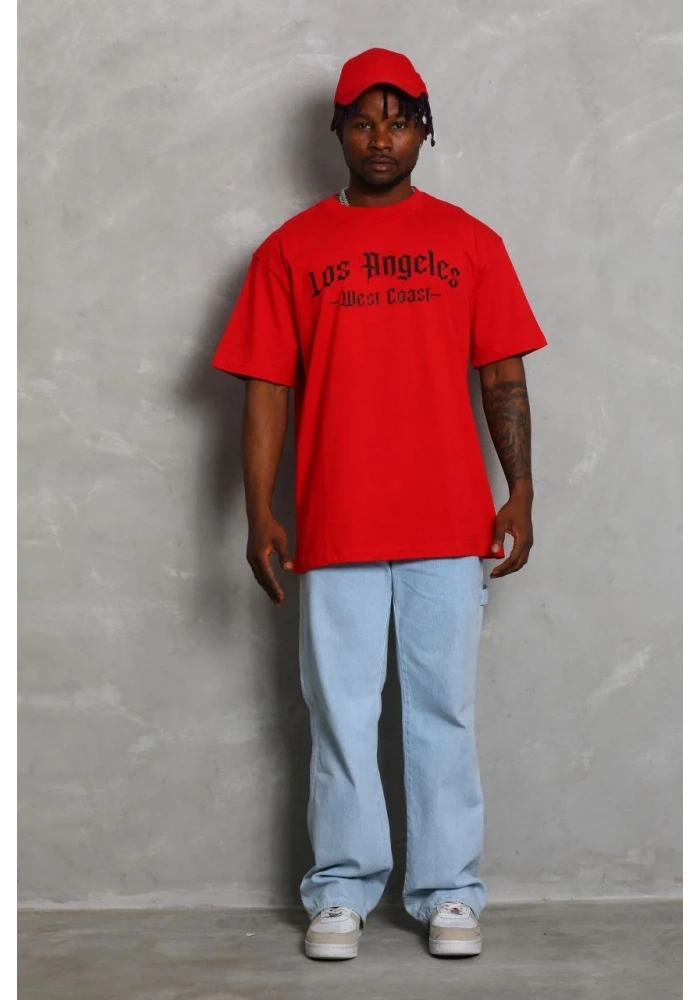 ERKEK Oversize Baskılı Bisiklet Yaka T-Shirt - Kırmızı