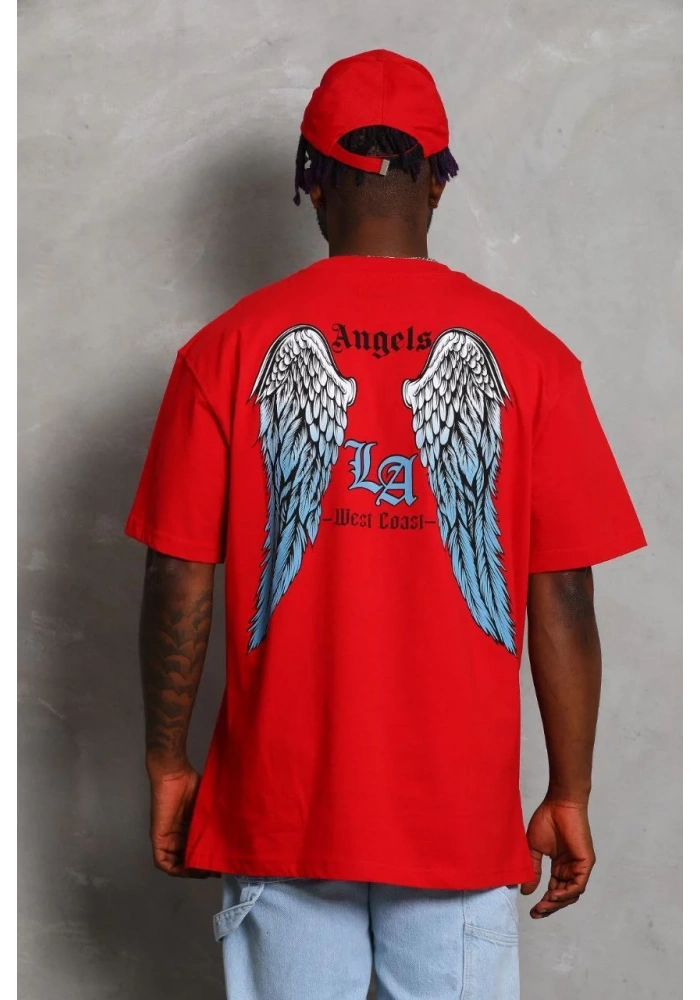 ERKEK Oversize Baskılı Bisiklet Yaka T-Shirt - Kırmızı