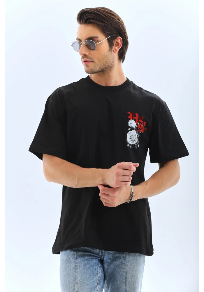 ERKEK Oversize Baskılı Bisiklet Yaka T-Shirt - Siyah