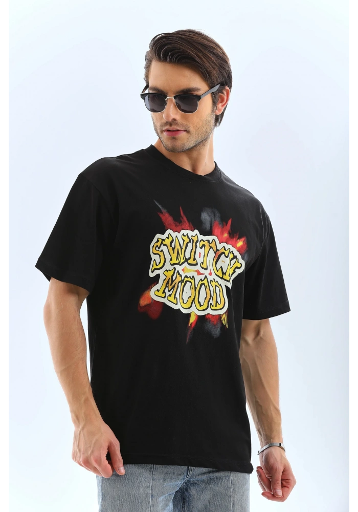 ERKEK Oversize Baskılı Bisiklet Yaka T-Shirt - Siyah