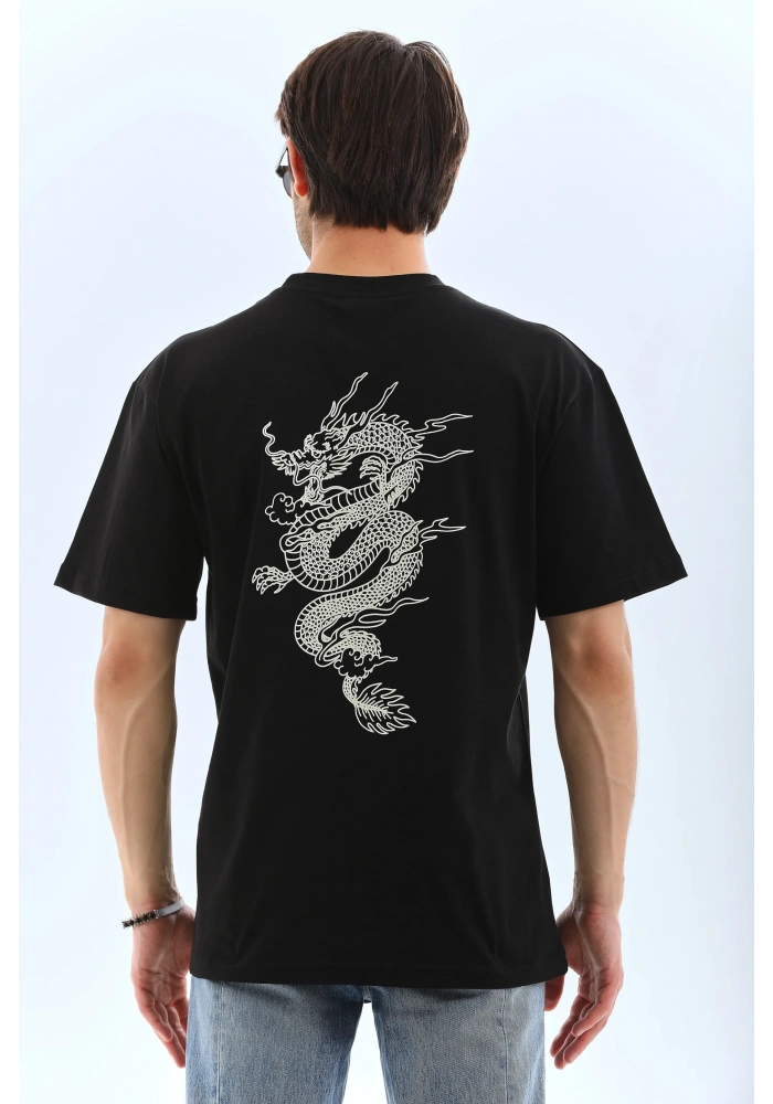 ERKEK Oversize Baskılı Bisiklet Yaka T-Shirt - Siyah